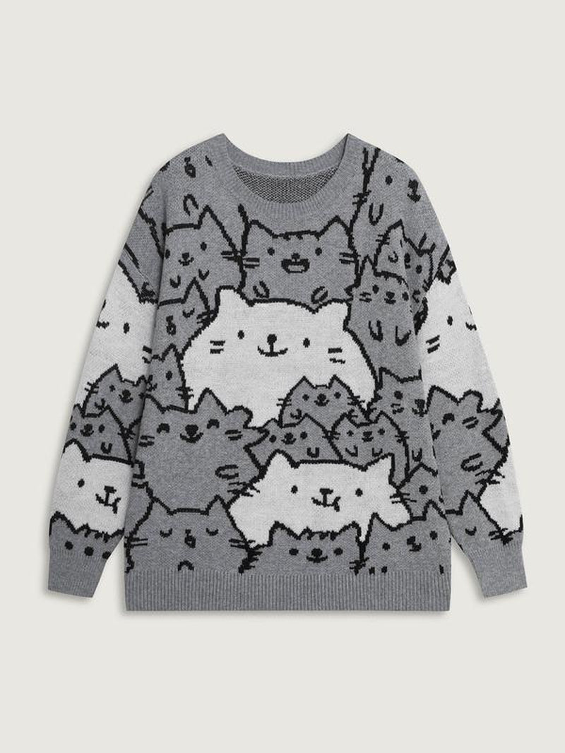 BLOOMCHIC Cute Cats Everywhere Pullover - Loose Fit, Long Sleeve, Medium Stretch, Playful Style, round Neck, Geometric & Color Block Prints, Mediumgray