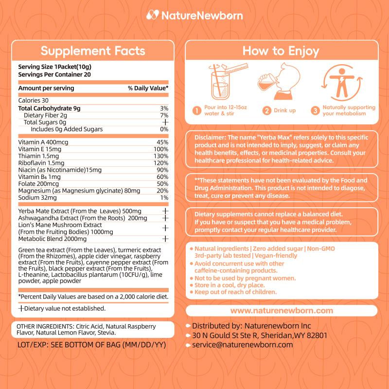 Naturenewborn Yerba MAX Instant Powder 20 Serving Options Multivitamin Ashwagandha No Added Sugar Healthcare Tea
