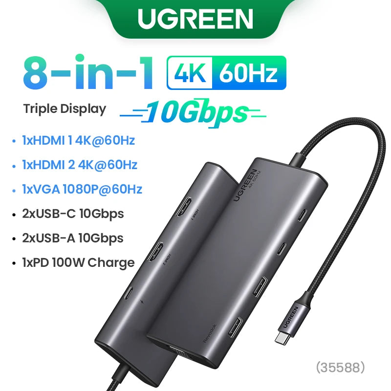 UGREEN Triple Display USB C HUB 10Gbps 4K HDMI Adapter 8-in-1 Splitter with HDMI DP USB3.2 PD 100W Dock for MacBook Pro Air PC easy-shop-bay