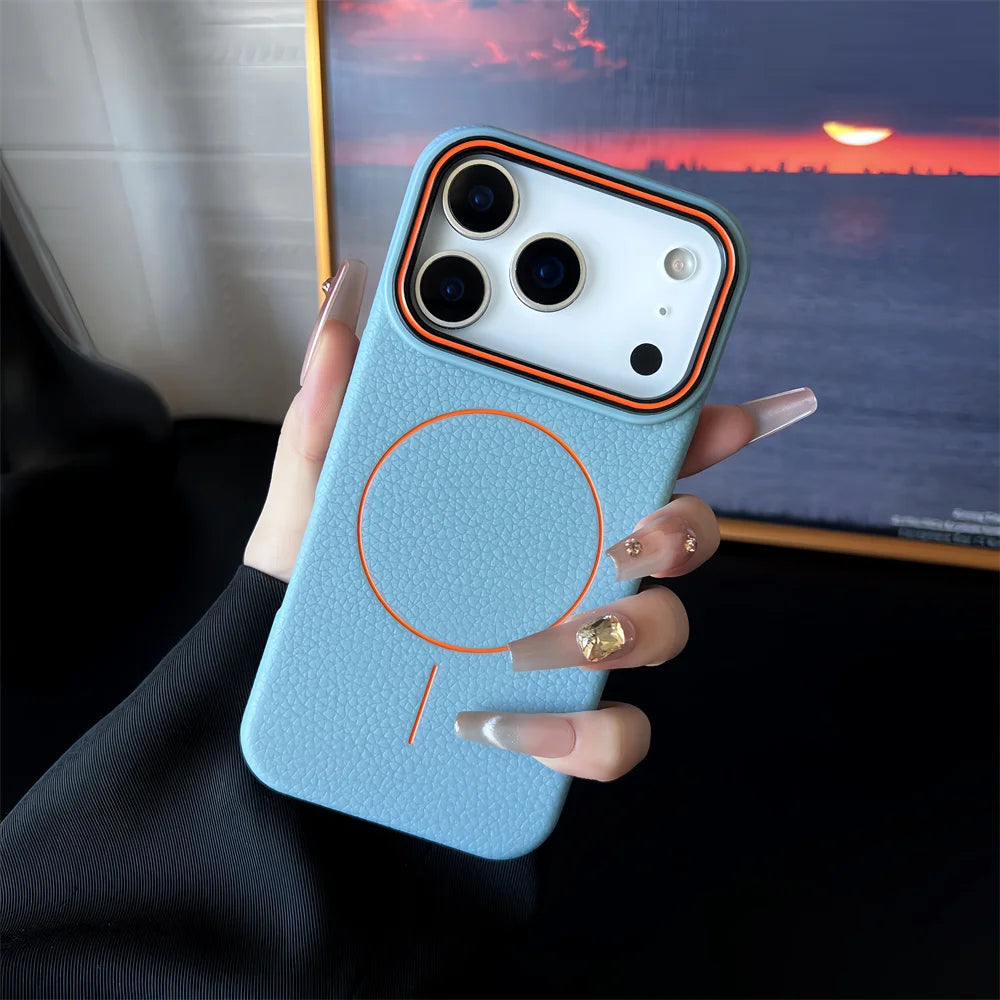 Frosted Hit Color Lichee Pattern Magnetic Phone Case For iPhone 17 Air 16 15 14 13 12 11 Pro Max Plus For Magsafe TPU Soft Cover easy-shop-bay