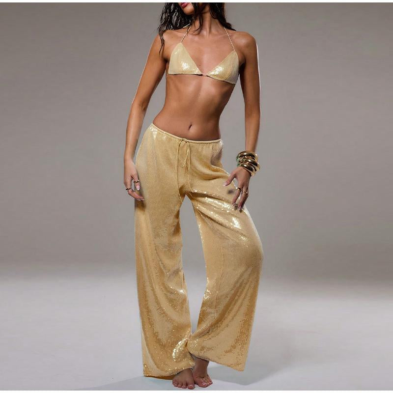 Women´S Sparkle Sequin Pants Lightweight Elastic Waist Wide Leg Loose Pants Trousers