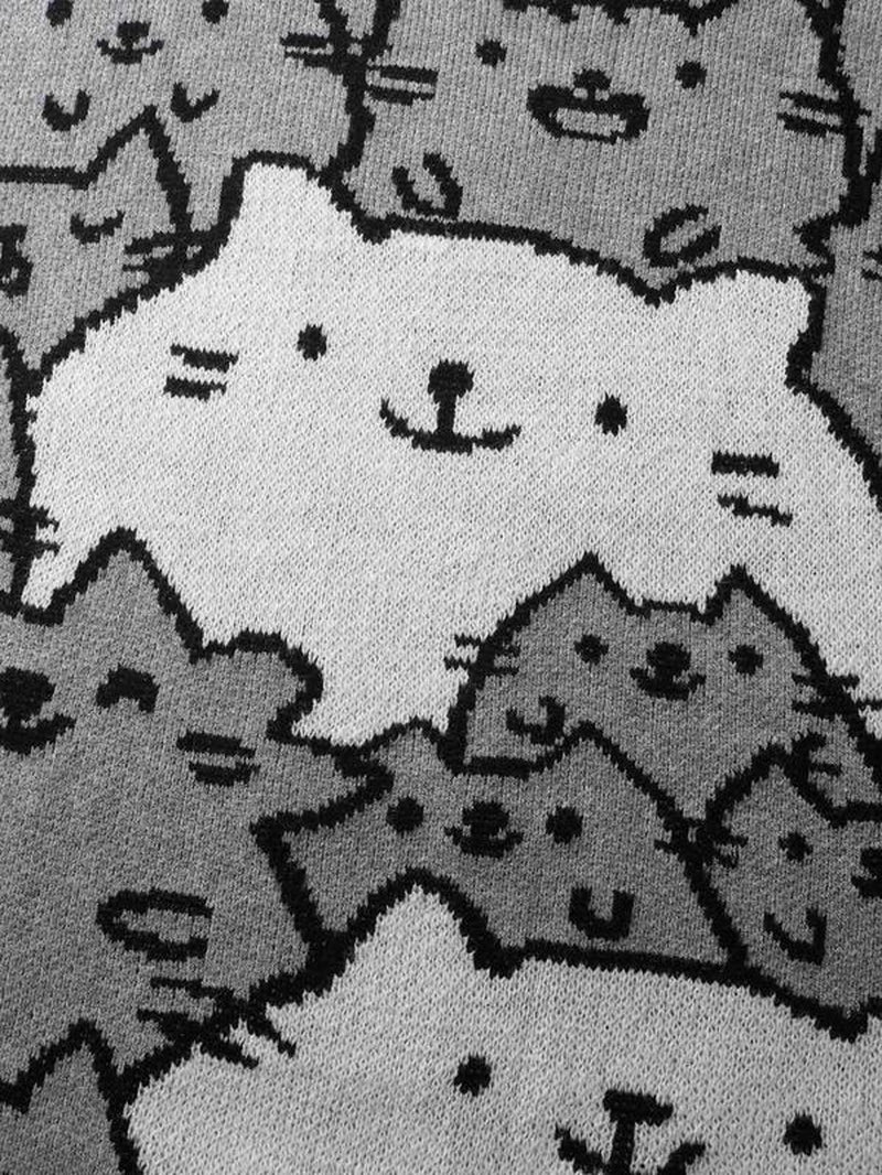 BLOOMCHIC Cute Cats Everywhere Pullover - Loose Fit, Long Sleeve, Medium Stretch, Playful Style, round Neck, Geometric & Color Block Prints, Mediumgray