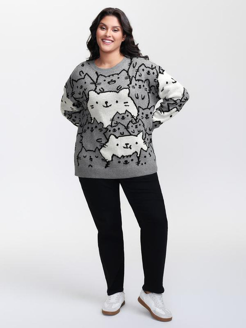 BLOOMCHIC Cute Cats Everywhere Pullover - Loose Fit, Long Sleeve, Medium Stretch, Playful Style, round Neck, Geometric & Color Block Prints, Mediumgray