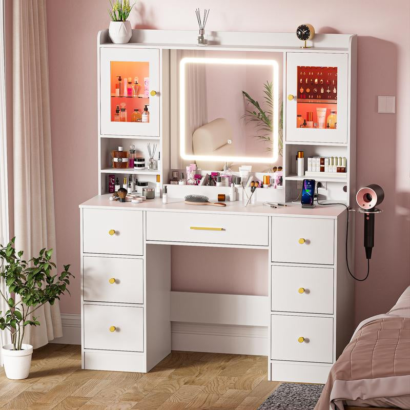 LAKEMID 7 Drawers White Vanity Table with Power Outlet, Lighting Mirror, Hair Dryer Rack, and RGB Cabinets, LED Lighted Vanity Desk Set Light up Large Dimmable Makeup