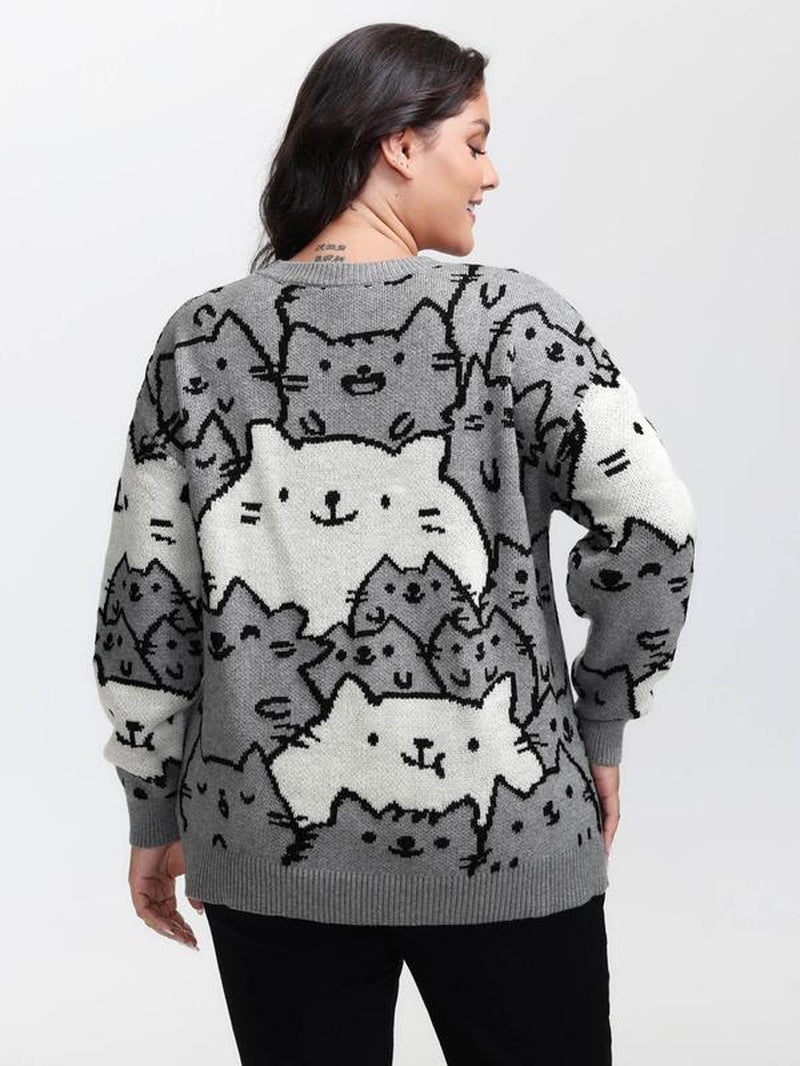 BLOOMCHIC Cute Cats Everywhere Pullover - Loose Fit, Long Sleeve, Medium Stretch, Playful Style, round Neck, Geometric & Color Block Prints, Mediumgray