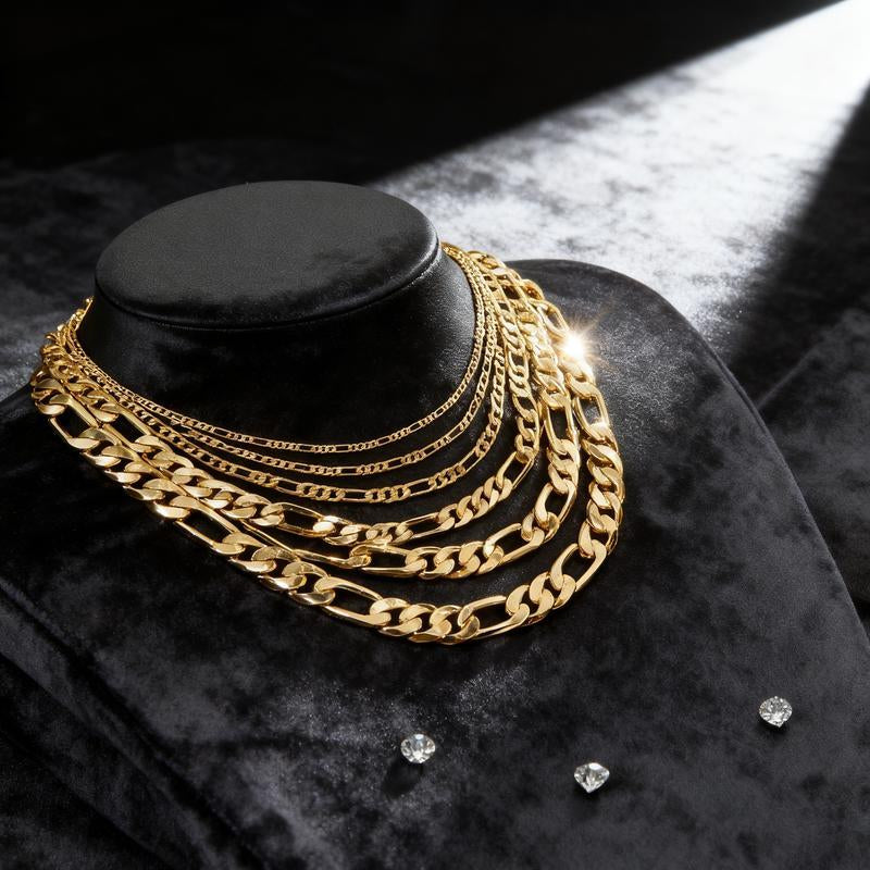 14K Real Gold-Plated Figaro Chain Necklace Tarnish-Free Nanotech Coating Italian Style Cuban Link 2Mm/10Mm Wide,24" for Women Men Hip Hop Streetwear Minimalist Layering Jewelry