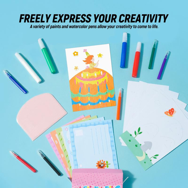 [Xmasgifts] Rainbow Dots Scratch Art DIY Children'S Bookmark Craft Kit 20 Postcards 1 Sticker 14 Paints 6 Watercolor Pens 1 Tool Educational Toy for Ages 3+ Christmas Gift