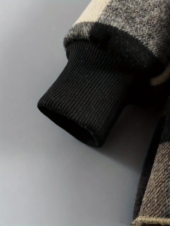 Boys' Long Sleeve Plaid Fleece-Lined Jacket with Button Front & Pockets - Cozy Fall/Winter Warmth, Casual Cardigan Collar, Brown/ Tartan Pattern, Machine Washable For Outdoor Play & Casual Attire, Winter Jacket For Boys, Fall easy-shop-bay