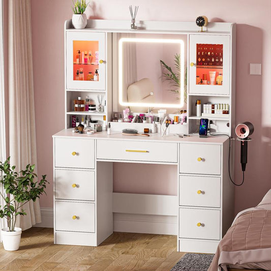 LAKEMID 7 Drawers White Vanity Table with Power Outlet, Lighting Mirror, Hair Dryer Rack, and RGB Cabinets, LED Lighted Vanity Desk Set Light up Large Dimmable Makeup