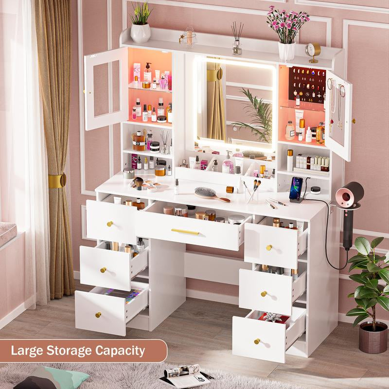 LAKEMID 7 Drawers White Vanity Table with Power Outlet, Lighting Mirror, Hair Dryer Rack, and RGB Cabinets, LED Lighted Vanity Desk Set Light up Large Dimmable Makeup