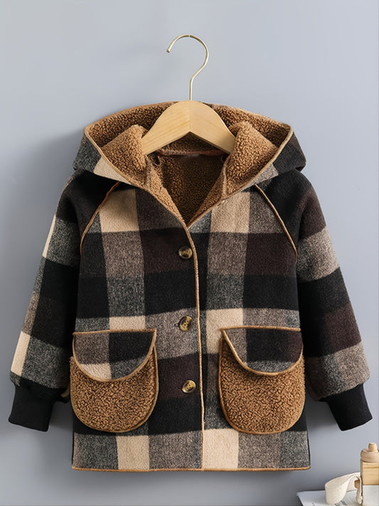 Boys' Long Sleeve Plaid Fleece-Lined Jacket with Button Front & Pockets - Cozy Fall/Winter Warmth, Casual Cardigan Collar, Brown/ Tartan Pattern, Machine Washable For Outdoor Play & Casual Attire, Winter Jacket For Boys, Fall easy-shop-bay