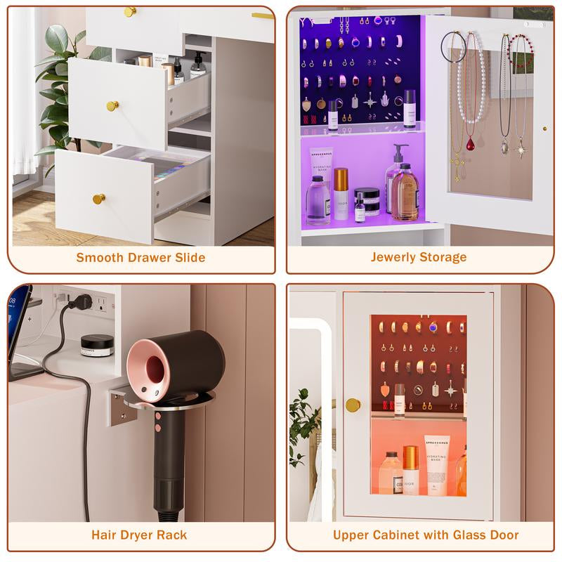 LAKEMID 7 Drawers White Vanity Table with Power Outlet, Lighting Mirror, Hair Dryer Rack, and RGB Cabinets, LED Lighted Vanity Desk Set Light up Large Dimmable Makeup