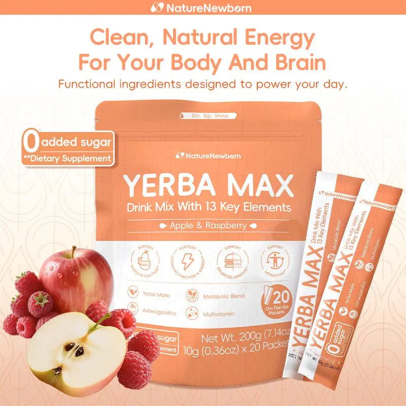 Naturenewborn Yerba MAX Instant Powder 20 Serving Options Multivitamin Ashwagandha No Added Sugar Healthcare Tea