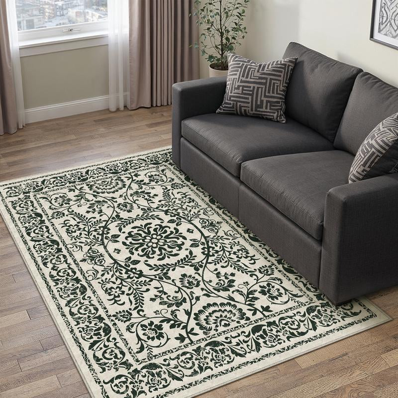 【Black Friday & Cyber Monday】Purecozy Washable Floral Area Rug Beige /Black and Whiteliving Room Carpet Scalloped Flower Non Slip Soft Bedroom Rug Farmhouse Low Pile Thin Indoor Floor Cover for Office Dining Room Kitchen Bathroom
