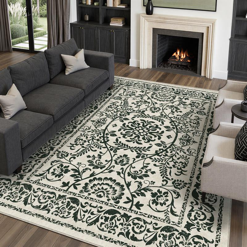 【Black Friday & Cyber Monday】Purecozy Washable Floral Area Rug Beige /Black and Whiteliving Room Carpet Scalloped Flower Non Slip Soft Bedroom Rug Farmhouse Low Pile Thin Indoor Floor Cover for Office Dining Room Kitchen Bathroom