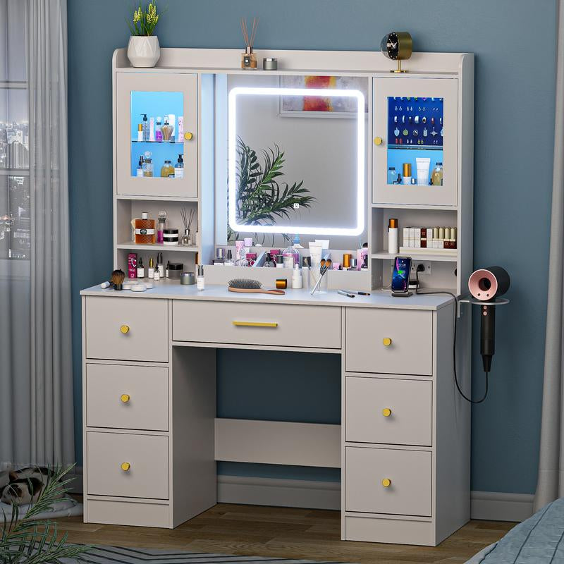 LAKEMID 7 Drawers White Vanity Table with Power Outlet, Lighting Mirror, Hair Dryer Rack, and RGB Cabinets, LED Lighted Vanity Desk Set Light up Large Dimmable Makeup