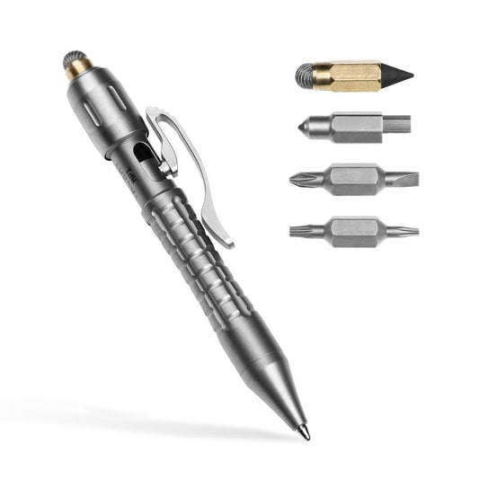 Tacray MP1 Multi-Functional Titanium Pen – Mini EDC Pocket Pen with Replaceable Bits, Box Cutter, Tungsten Tip, Screwdrivers, Pencil & Stylus for Everyday Carry
