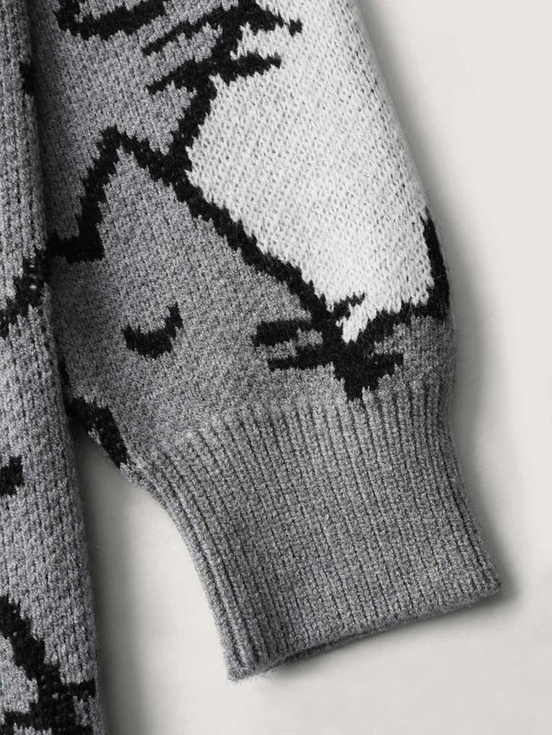 BLOOMCHIC Cute Cats Everywhere Pullover - Loose Fit, Long Sleeve, Medium Stretch, Playful Style, round Neck, Geometric & Color Block Prints, Mediumgray