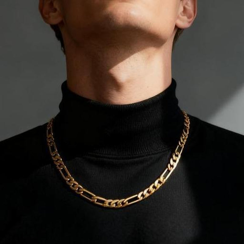 14K Real Gold-Plated Figaro Chain Necklace Tarnish-Free Nanotech Coating Italian Style Cuban Link 2Mm/10Mm Wide,24" for Women Men Hip Hop Streetwear Minimalist Layering Jewelry