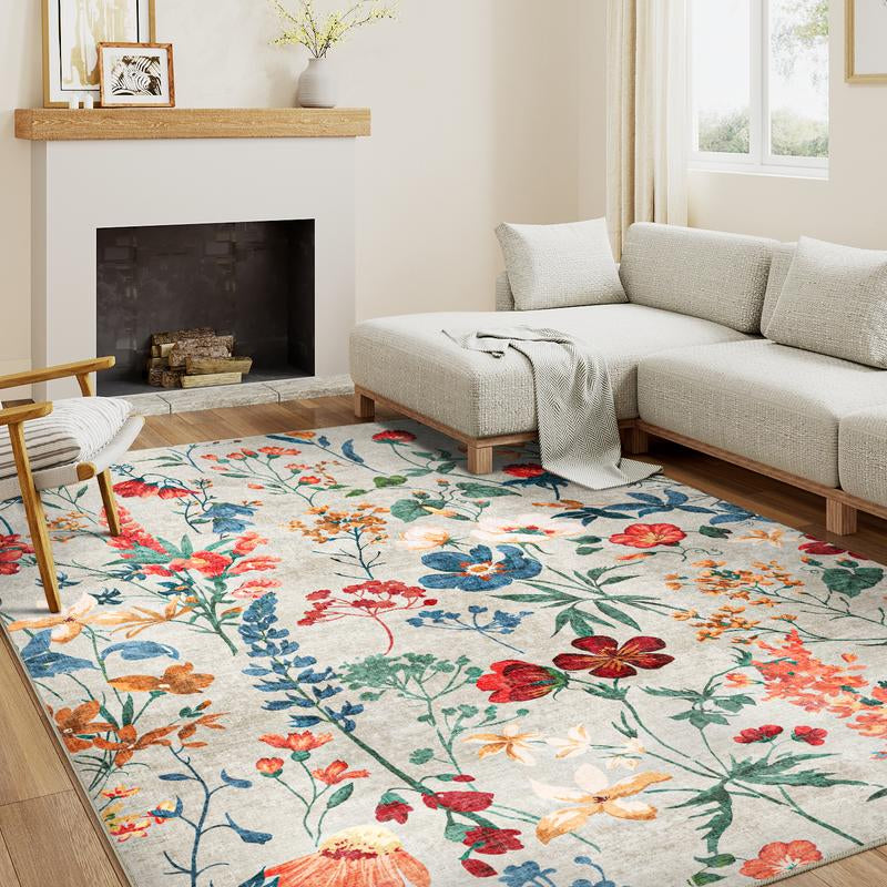 【Black Friday & Cyber Monday】Purecozy Washable Floral Area Rug Beige /Black and Whiteliving Room Carpet Scalloped Flower Non Slip Soft Bedroom Rug Farmhouse Low Pile Thin Indoor Floor Cover for Office Dining Room Kitchen Bathroom