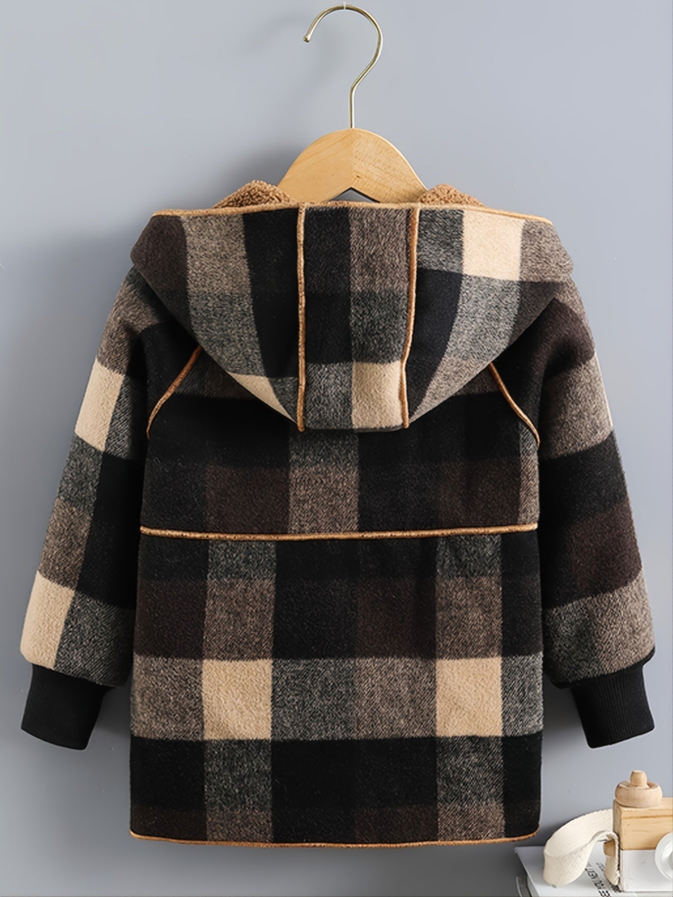 Boys' Long Sleeve Plaid Fleece-Lined Jacket with Button Front & Pockets - Cozy Fall/Winter Warmth, Casual Cardigan Collar, Brown/ Tartan Pattern, Machine Washable For Outdoor Play & Casual Attire, Winter Jacket For Boys, Fall easy-shop-bay