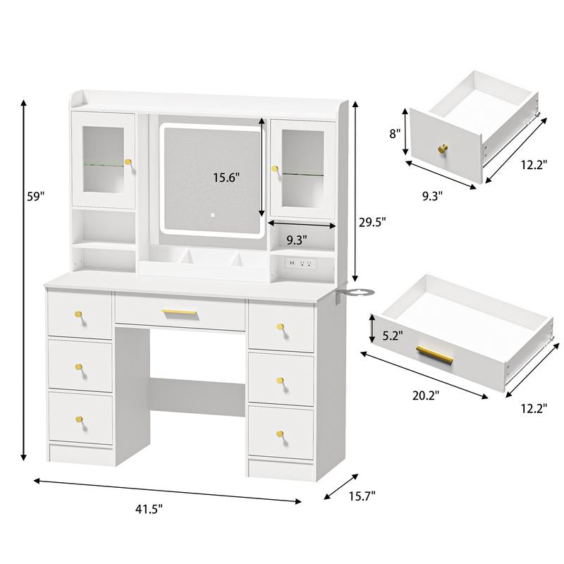 LAKEMID 7 Drawers White Vanity Table with Power Outlet, Lighting Mirror, Hair Dryer Rack, and RGB Cabinets, LED Lighted Vanity Desk Set Light up Large Dimmable Makeup