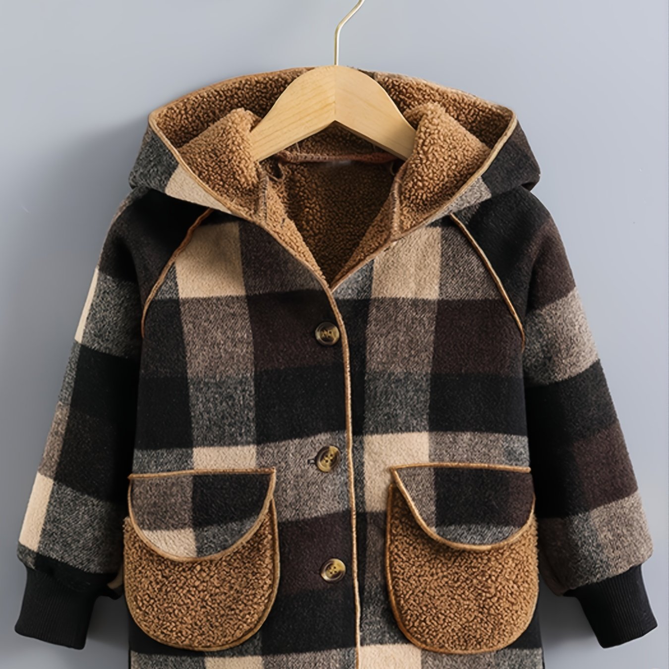 Boys' Long Sleeve Plaid Fleece-Lined Jacket with Button Front & Pockets - Cozy Fall/Winter Warmth, Casual Cardigan Collar, Brown/ Tartan Pattern, Machine Washable For Outdoor Play & Casual Attire, Winter Jacket For Boys, Fall easy-shop-bay