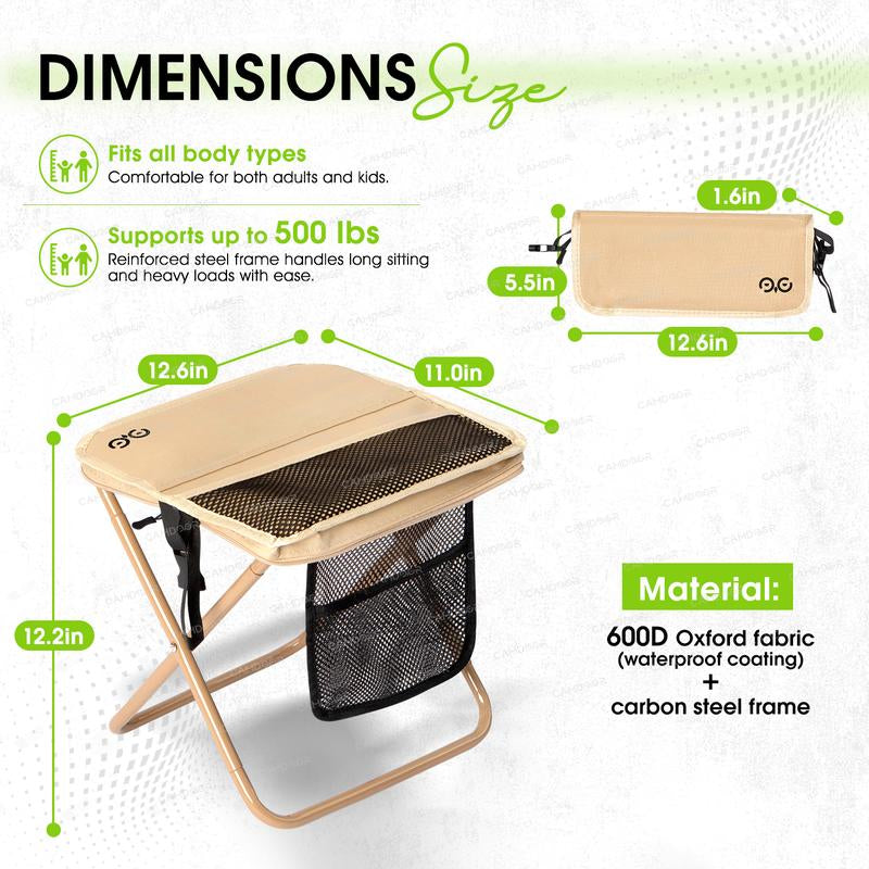 Camdoor Upgraded Strap Folding Stool Ultra-Light 1.5 Lbs Portable Outdoor Camping Chair with Side Pockets & Shoulder Strap Max Load 500Lbs for Hiking Fishing Thanksgiving Gift