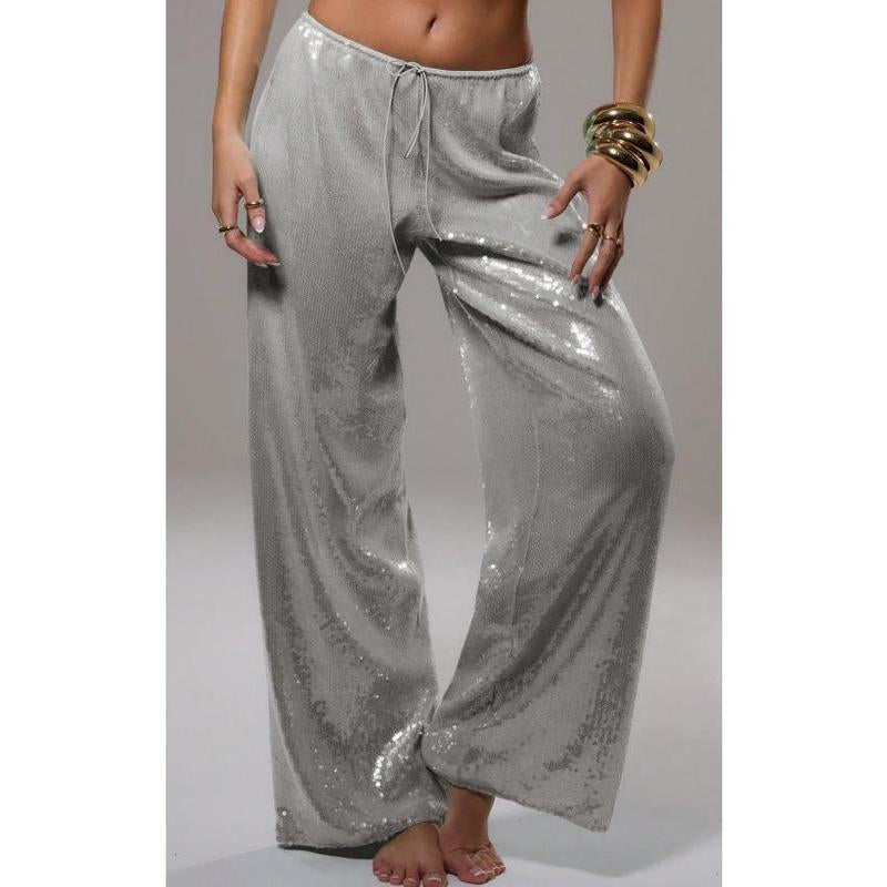 Women´S Sparkle Sequin Pants Lightweight Elastic Waist Wide Leg Loose Pants Trousers