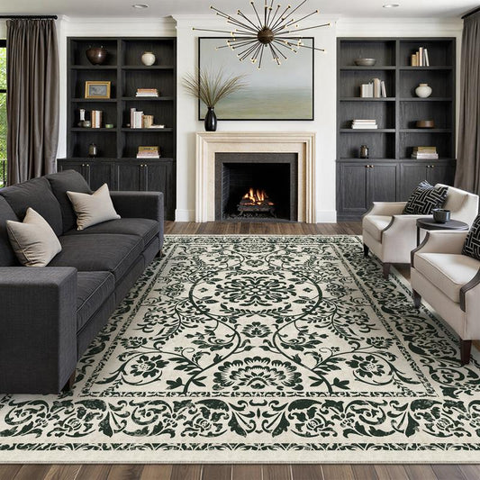 【Black Friday & Cyber Monday】Purecozy Washable Floral Area Rug Beige /Black and Whiteliving Room Carpet Scalloped Flower Non Slip Soft Bedroom Rug Farmhouse Low Pile Thin Indoor Floor Cover for Office Dining Room Kitchen Bathroom