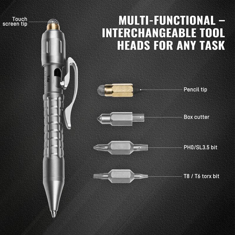 Tacray MP1 Multi-Functional Titanium Pen – Mini EDC Pocket Pen with Replaceable Bits, Box Cutter, Tungsten Tip, Screwdrivers, Pencil & Stylus for Everyday Carry