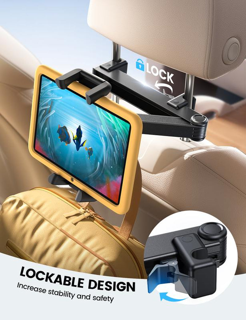 Lamicall Car Headrest Tablet Holder - [Lockable] [Thick Case Friendly] [Foldable Clip] Car Backseat Tablet Mount, Car Accessories for Kids, for Ipad Pro, Air, Mini, Galaxy, Fire HD, 4.7-13" Tablets