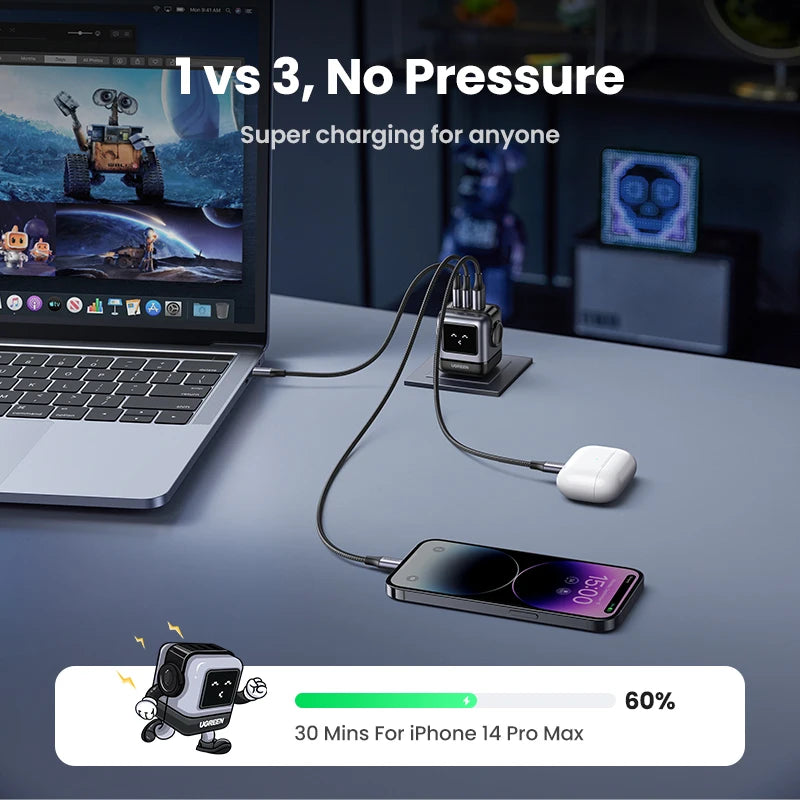 【US Plug】UGREEN 65W 30W GaN Charger Robot Design PD3.0 Fast Charger QC4.0 3.0 PPS for iPhone 17 16 15 Pro Macbook Laptop Table easy-shop-bay