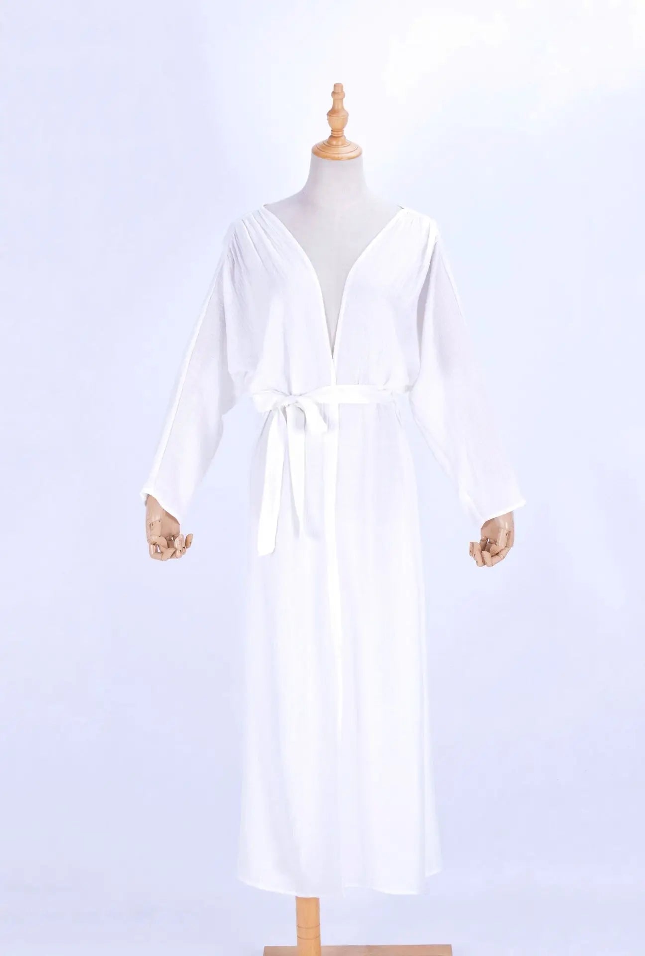 Solid Pattern White Crepe Long Sleeve Bathing Robe Plunge Neck Beach Bikini Cover Quick Dry 3-Piece Plus Size Set High Quality easy-shop-bay