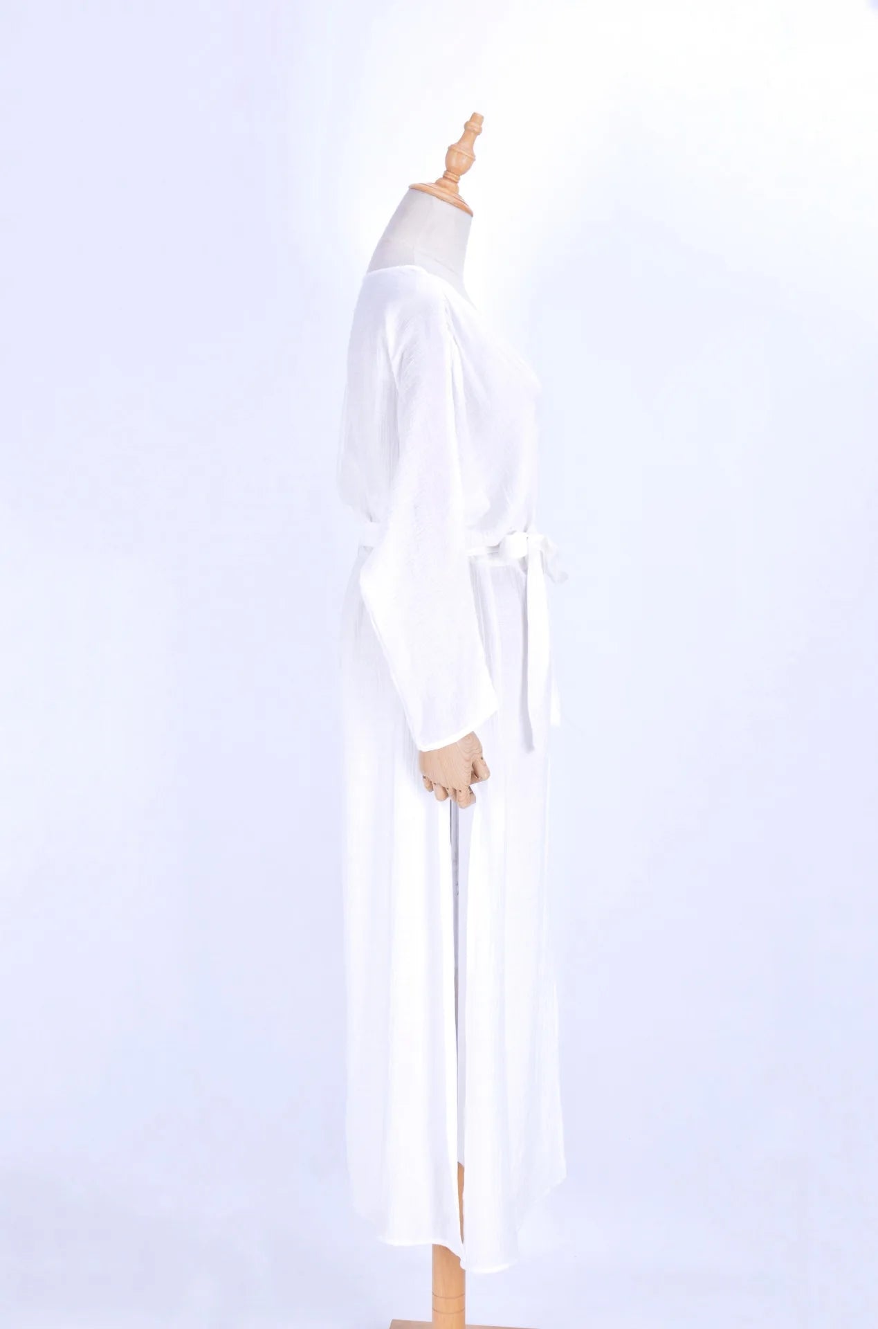 Solid Pattern White Crepe Long Sleeve Bathing Robe Plunge Neck Beach Bikini Cover Quick Dry 3-Piece Plus Size Set High Quality easy-shop-bay