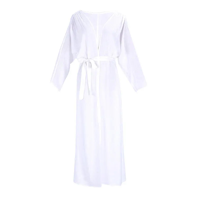 Solid Pattern White Crepe Long Sleeve Bathing Robe Plunge Neck Beach Bikini Cover Quick Dry 3-Piece Plus Size Set High Quality easy-shop-bay