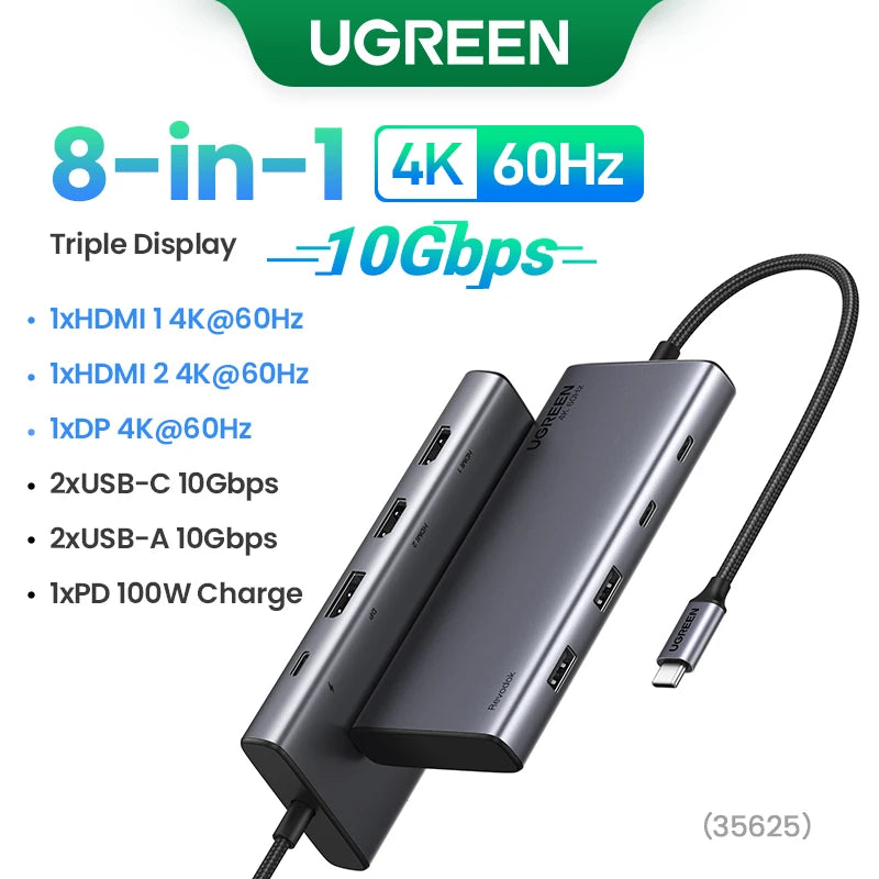 UGREEN Triple Display USB C HUB 10Gbps 4K HDMI Adapter 8-in-1 Splitter with HDMI DP USB3.2 PD 100W Dock for MacBook Pro Air PC easy-shop-bay
