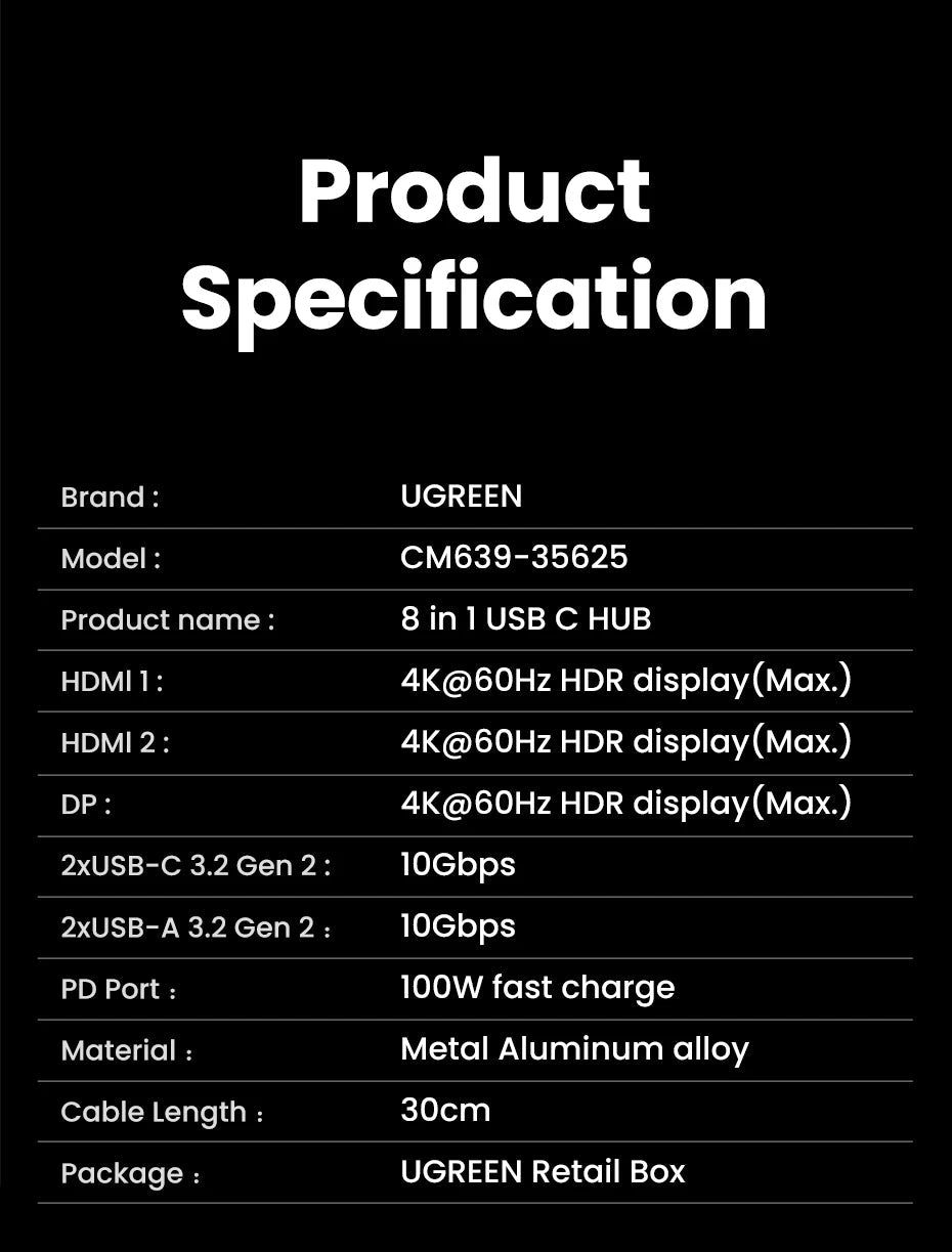 UGREEN Triple Display USB C HUB 10Gbps 4K HDMI Adapter 8-in-1 Splitter with HDMI DP USB3.2 PD 100W Dock for MacBook Pro Air PC easy-shop-bay