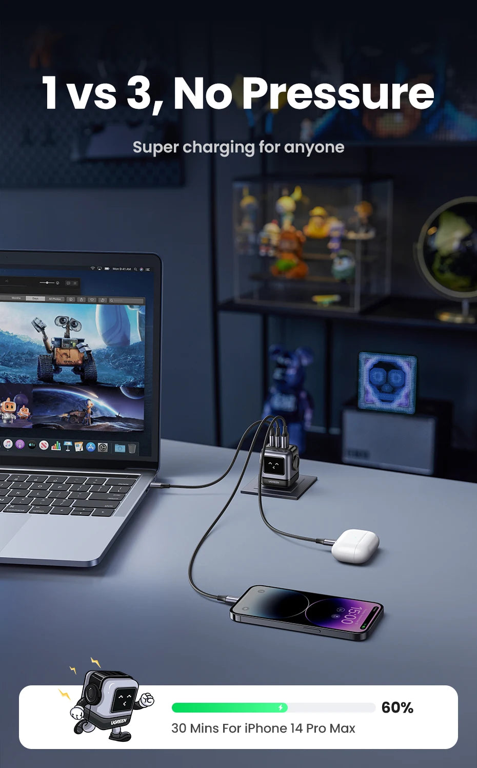 【US Plug】UGREEN 65W 30W GaN Charger Robot Design PD3.0 Fast Charger QC4.0 3.0 PPS for iPhone 17 16 15 Pro Macbook Laptop Table easy-shop-bay