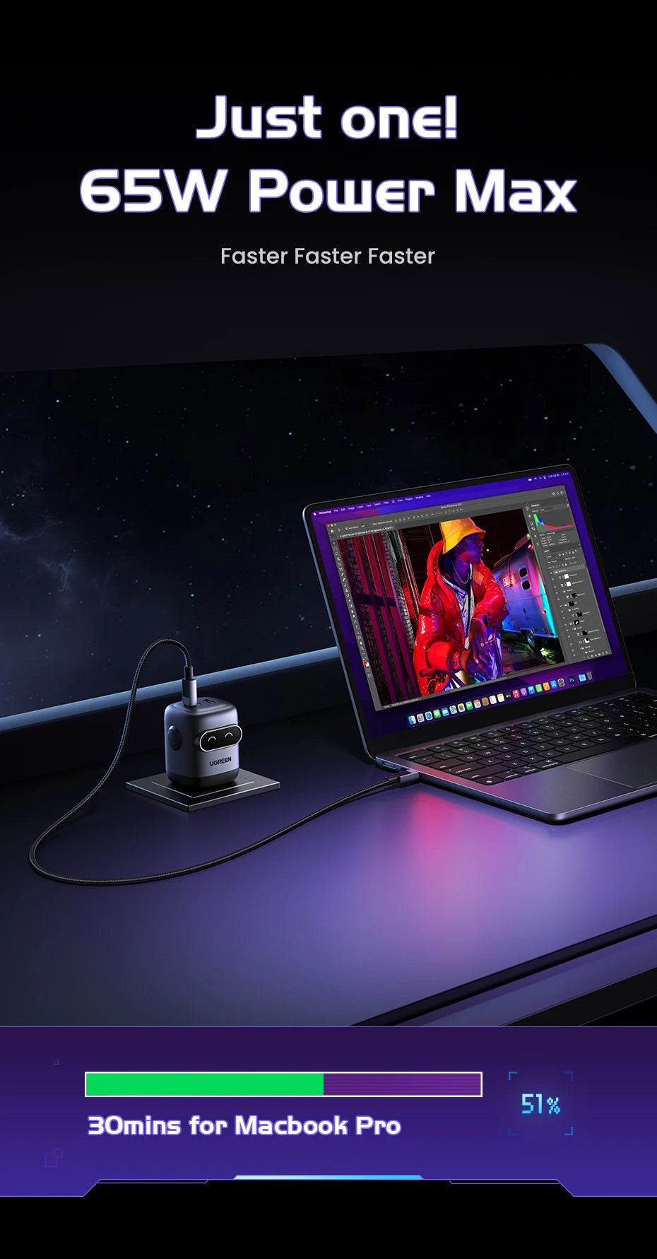 【US Plug】UGREEN 65W 30W GaN Charger Robot Design QC4.0 3.0 PPS for iPhone 17 16 15 Pro Macbook Laptops Tablet PD3.0 Fast Charg easy-shop-bay