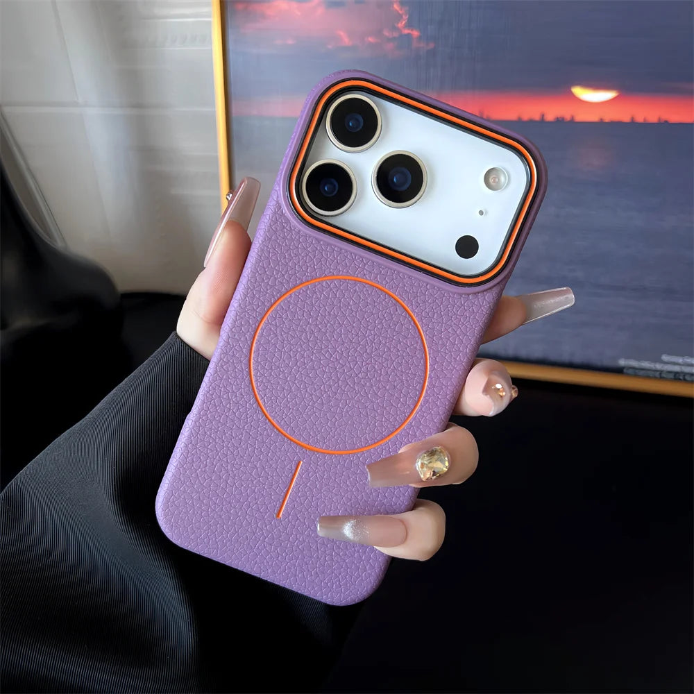 Frosted Hit Color Lichee Pattern Magnetic Phone Case For iPhone 17 Air 16 15 14 13 12 11 Pro Max Plus For Magsafe TPU Soft Cover easy-shop-bay