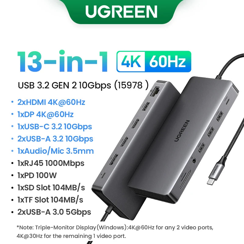 UGREEN Triple Display USB C HUB 10Gbps 4K HDMI Adapter 8-in-1 Splitter with HDMI DP USB3.2 PD 100W Dock for MacBook Pro Air PC easy-shop-bay