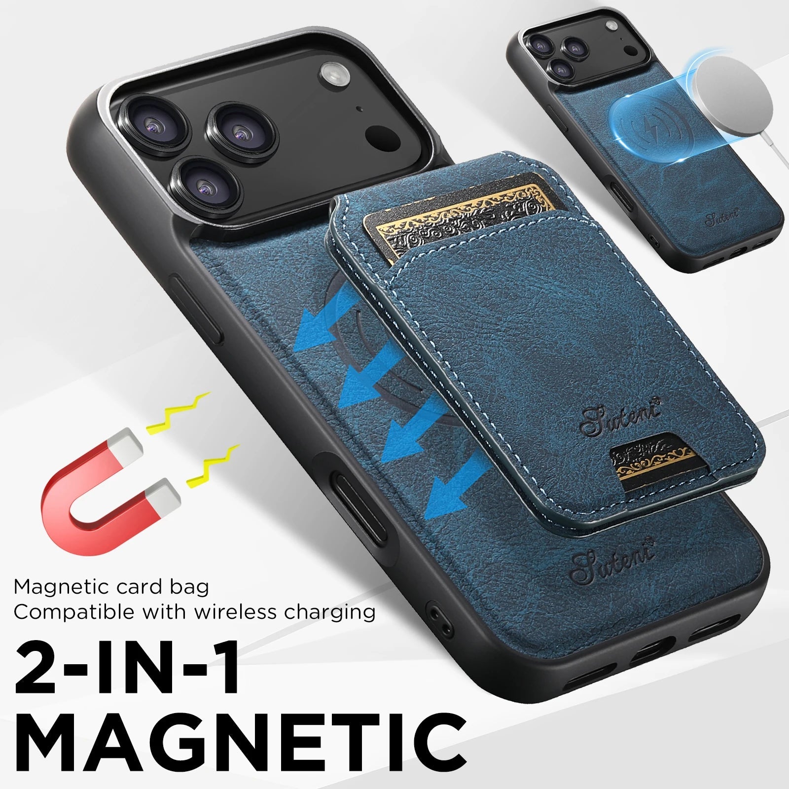 SUTENI Wireless Charging Phone Case Magnet Card Holder Stand Faux Leather For iPhone 17 Pro Max 16 Plus 15 14 13 12 easy-shop-bay