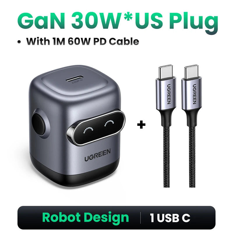 【US Plug】UGREEN 65W 30W GaN Charger Robot Design QC4.0 3.0 PPS for iPhone 17 16 15 Pro Macbook Laptops Tablet PD3.0 Fast Charg easy-shop-bay