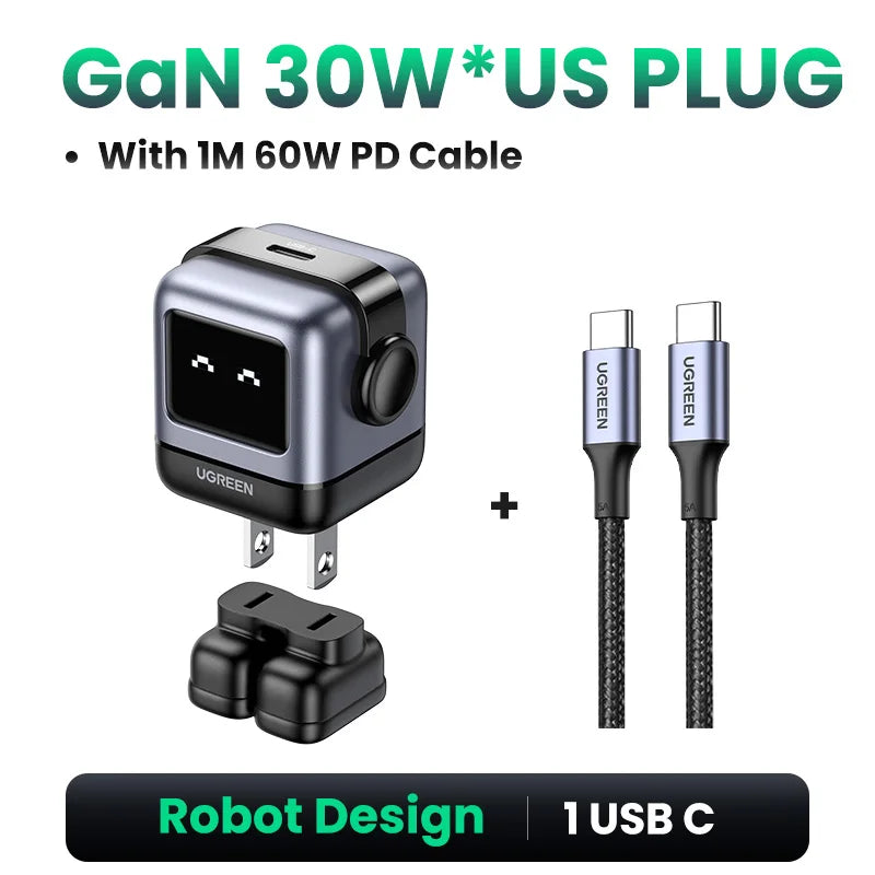 【US Plug】UGREEN 65W 30W GaN Charger Robot Design PD3.0 Fast Charger QC4.0 3.0 PPS for iPhone 17 16 15 Pro Macbook Laptop Table easy-shop-bay