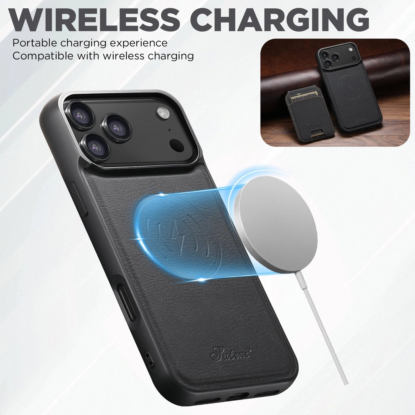 SUTENI Wireless Charging Phone Case Magnet Card Holder Stand Faux Leather For iPhone 17 Pro Max 16 Plus 15 14 13 12 easy-shop-bay