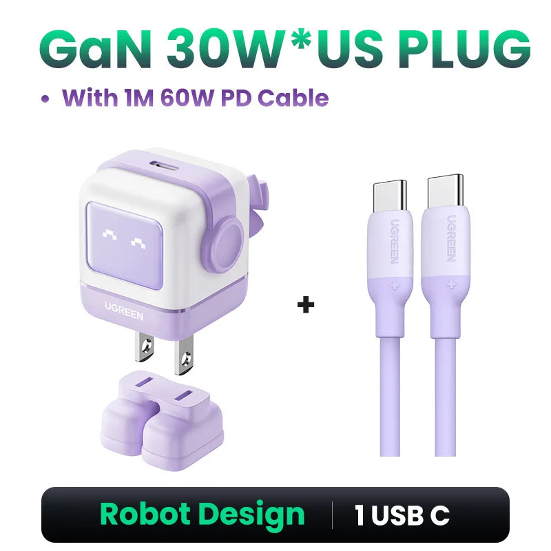 【US Plug】UGREEN 65W 30W GaN Charger Robot Design PD3.0 Fast Charger QC4.0 3.0 PPS for iPhone 17 16 15 Pro Macbook Laptop Table easy-shop-bay