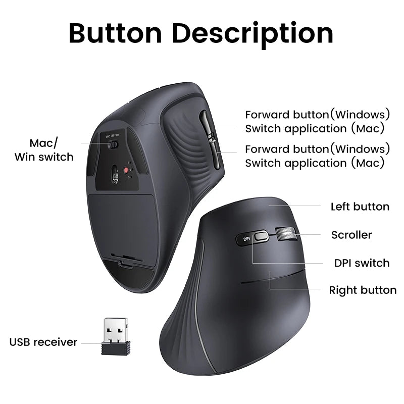 UGREEN Vertical Mouse Wireless Bluetooth5.0 2.4G Ergonomic 4000DPI 6 Mute Buttons for MacBook Tablet Laptops Computer PC Mice easy-shop-bay