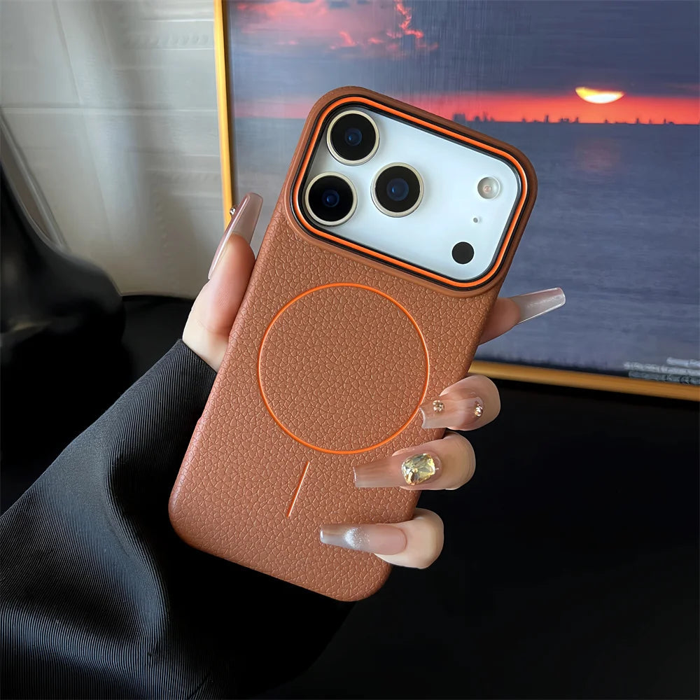 Frosted Hit Color Lichee Pattern Magnetic Phone Case For iPhone 17 Air 16 15 14 13 12 11 Pro Max Plus For Magsafe TPU Soft Cover easy-shop-bay