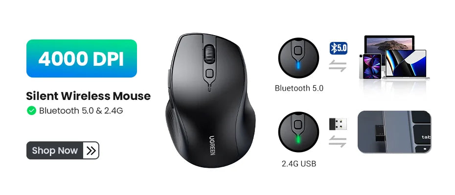 UGREEN Vertical Mouse Wireless Bluetooth5.0 2.4G Ergonomic 4000DPI 6 Mute Buttons for MacBook Tablet Laptops Computer PC Mice easy-shop-bay